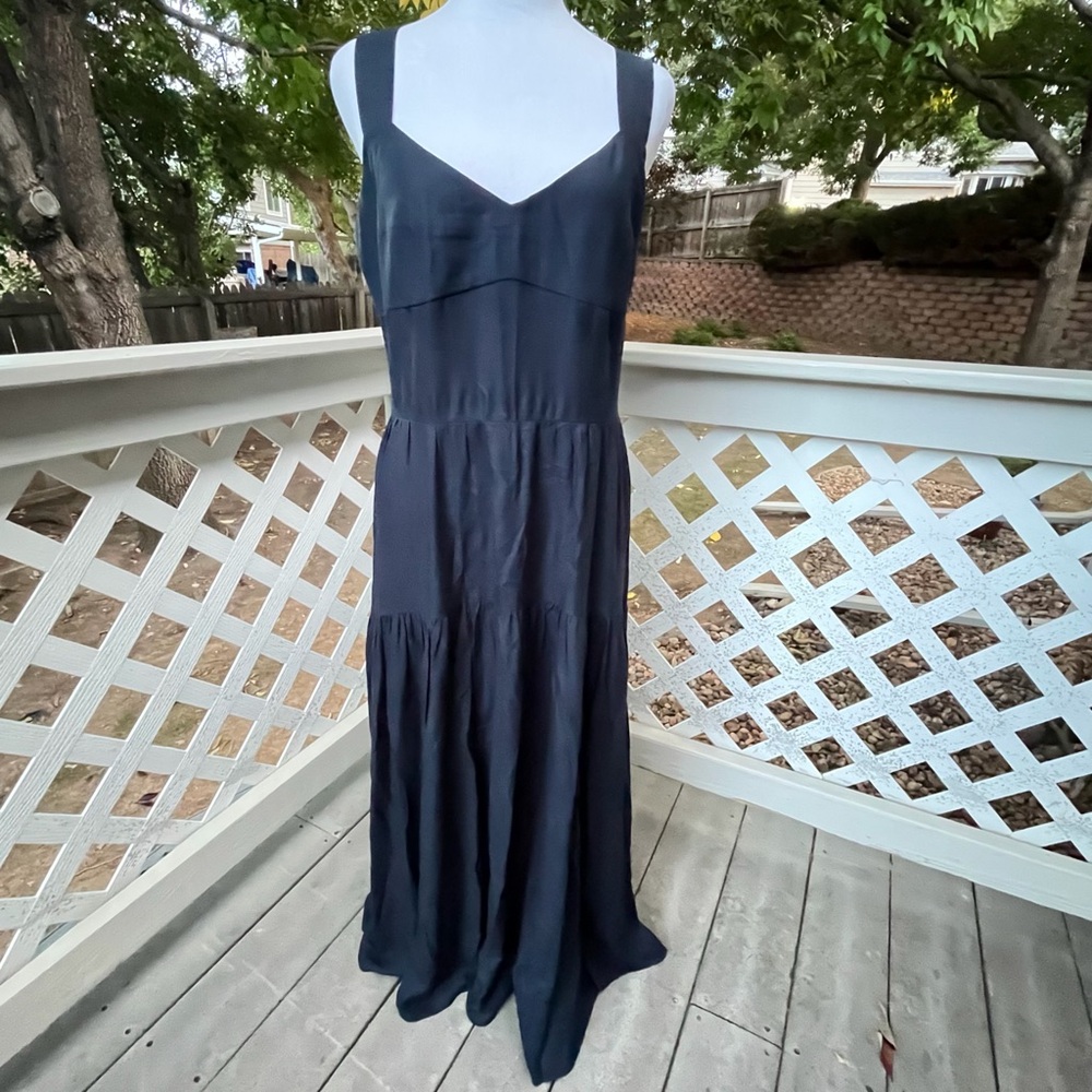 La Ligne Maxi Dress Navy Blue Size Medium Smocked Back Straps Tiered Boho A Line - Picture 9 of 9